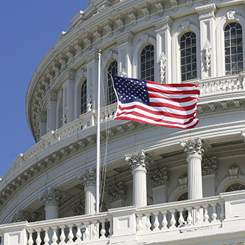 Detail of US Capital dome with American Flag flapping in the breeze